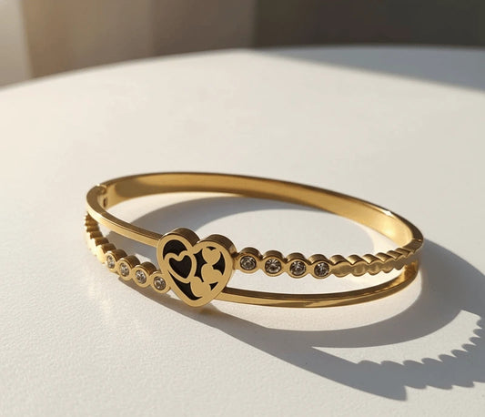 Crystal Heart Dual-Band Bangle – 18K Gold-Plated Stainless Steel Bracelet