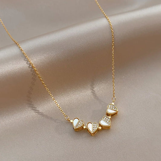 Gold-Plated Four Leaf Clover Heart Pendant Necklace (Stainless Steel) – White Shell | Women’s Gift UAE