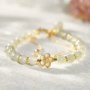 Stylish Minimalist Double-Chain Layered Pearl Bracelet – Cherry Blossom Floral, Gold-Plated Inlay
