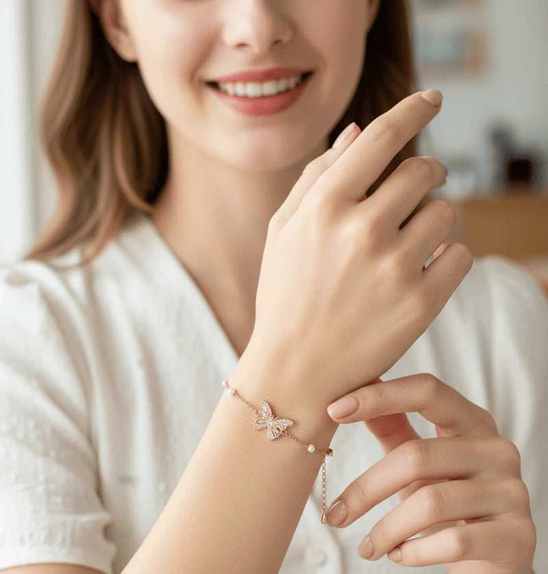 Dainty Double Butterfly Crystal Bracelet – Pearl Linked Chain & Cubic Zirconia Charm