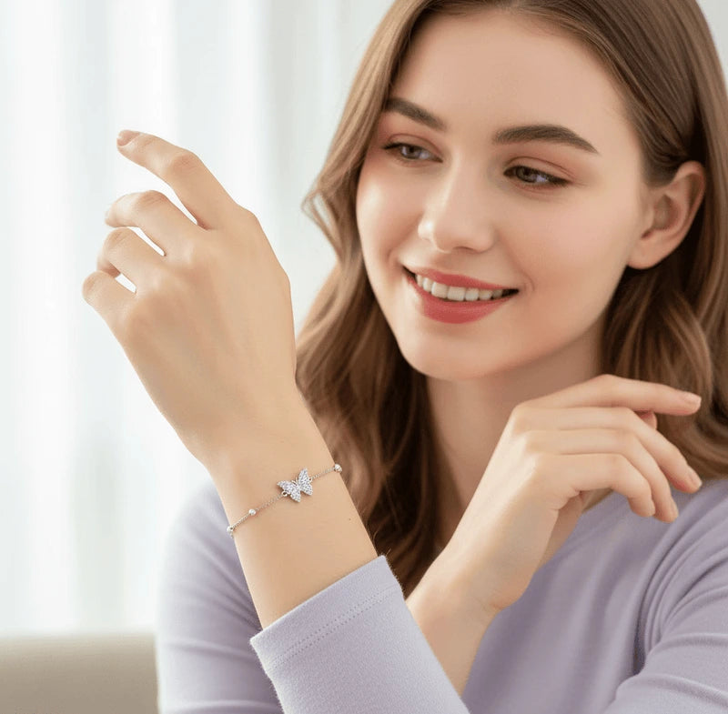 Dainty Double Butterfly Crystal Bracelet – Pearl Linked Chain & Cubic Zirconia Charm