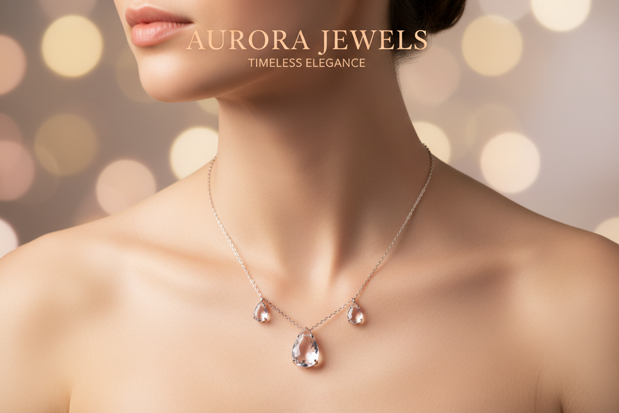 High-resolution banner for a jewelry website. Close-up of a model's neck and collarbone wearing an elegant silver necklace with three dangling clear crystals. Soft, warm lighting with peach and rose gold tones. Minimalist and luxury aesthetic. Blurred, dreamy bokeh background. Cinematic lighting, wide-angle 16:9 aspect ratio.