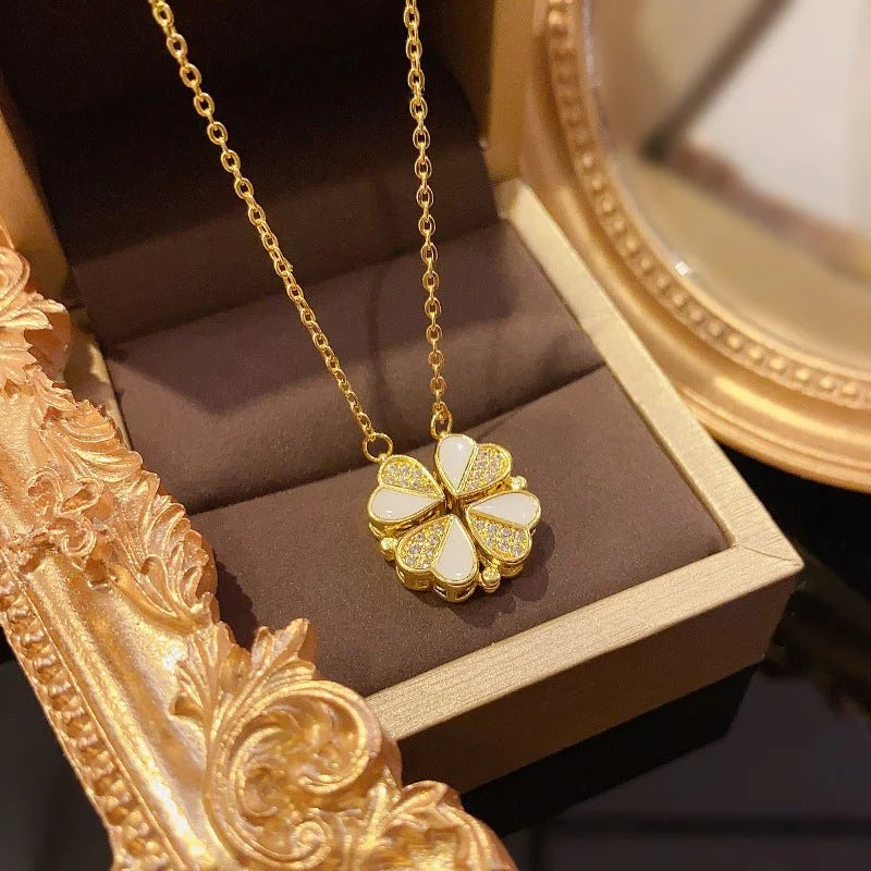 Gold-Plated Four Leaf Clover Heart Pendant Necklace (Stainless Steel) – White Shell | Women’s Gift UAE
