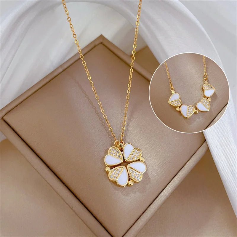 Gold-Plated Four Leaf Clover Heart Pendant Necklace (Stainless Steel) – White Shell | Women’s Gift UAE