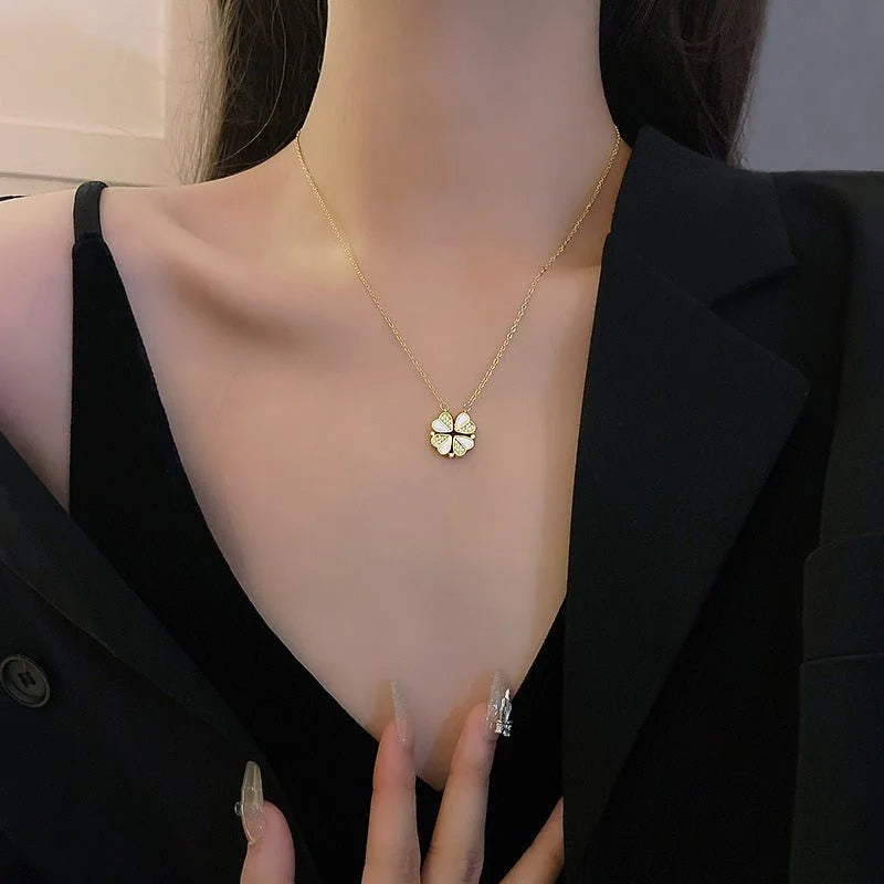 Gold-Plated Four Leaf Clover Heart Pendant Necklace (Stainless Steel) – White Shell | Women’s Gift UAE