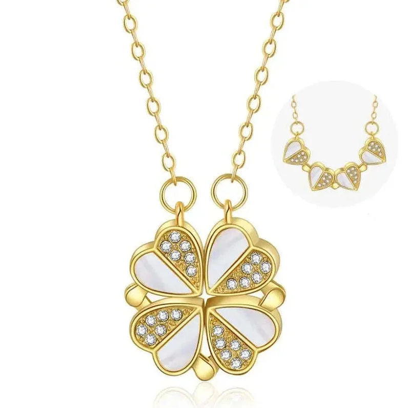 Gold-Plated Four Leaf Clover Heart Pendant Necklace (Stainless Steel) – White Shell | Women’s Gift UAE