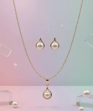 Elegant Pearl Drop Gold Pendant Set – Teardrop Necklace & Stud Earring Jewelry Set