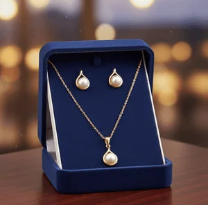 Elegant Pearl Drop Gold Pendant Set – Teardrop Necklace & Stud Earring Jewelry Set