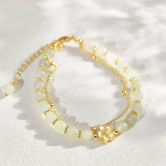 Stylish Minimalist Double-Chain Layered Pearl Bracelet – Cherry Blossom Floral, Gold-Plated Inlay